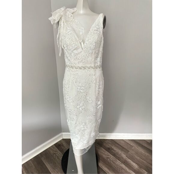 MAC DUGGAL FLORAL EMBELLISHED V-NECK MIDI DRESS WITH SHOULDER BOW - Picture 4 of 12